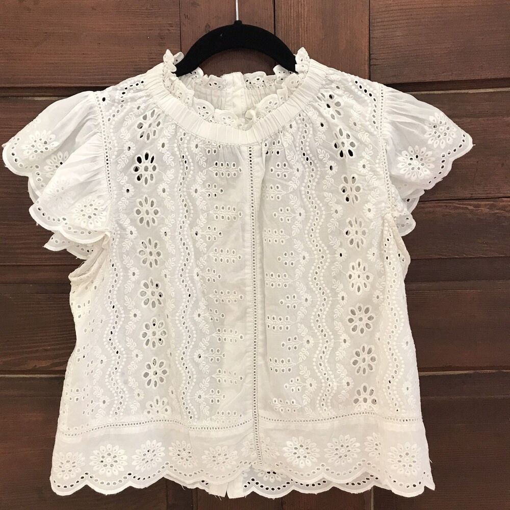 Jennifer & Grace Eyelet Flutter Sleeve Cotton White Parisian Blouse Size S
